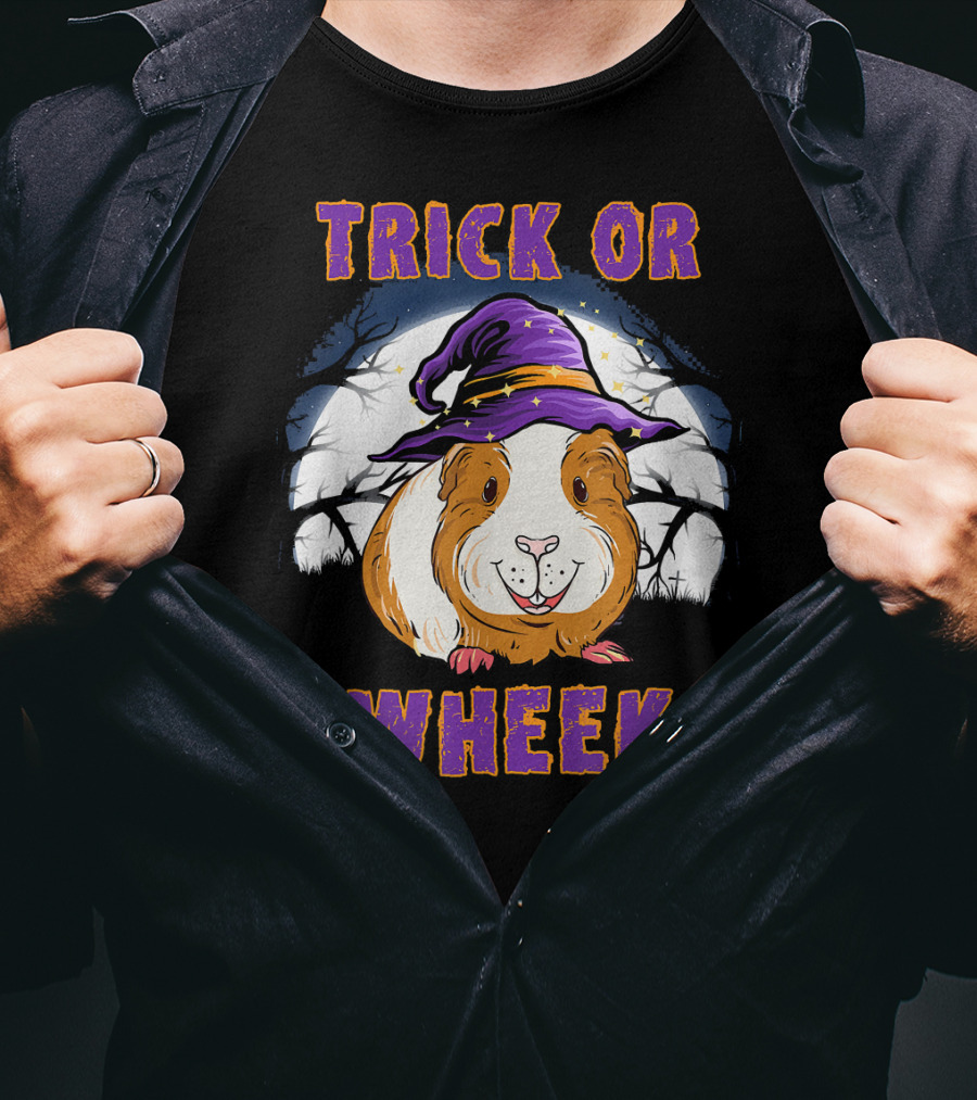 Trick Or Wheek Halloween Guinea Pig With Witch Hat And Moon Background T-Shirt