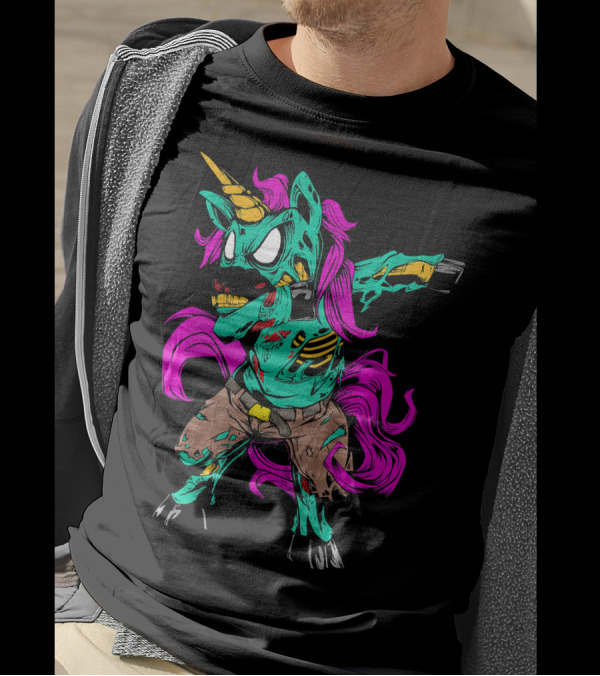 Scary Dabbing Zombie Unicorn With Pink Mane And Torn Clothing T-Shirt
