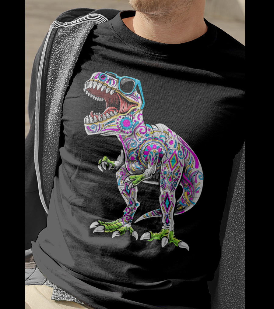 Day Of The Dead Dia De Los Muertos T-Rex Dinosaur With Sunglasses T-Shirt