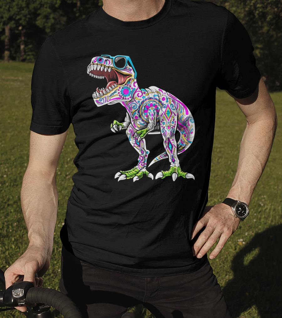 Day Of The Dead Dia De Los Muertos T-Rex Dinosaur With Sunglasses T-Shirt