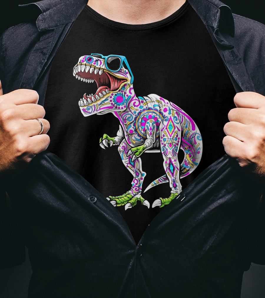 Day Of The Dead Dia De Los Muertos T-Rex Dinosaur With Sunglasses T-Shirt