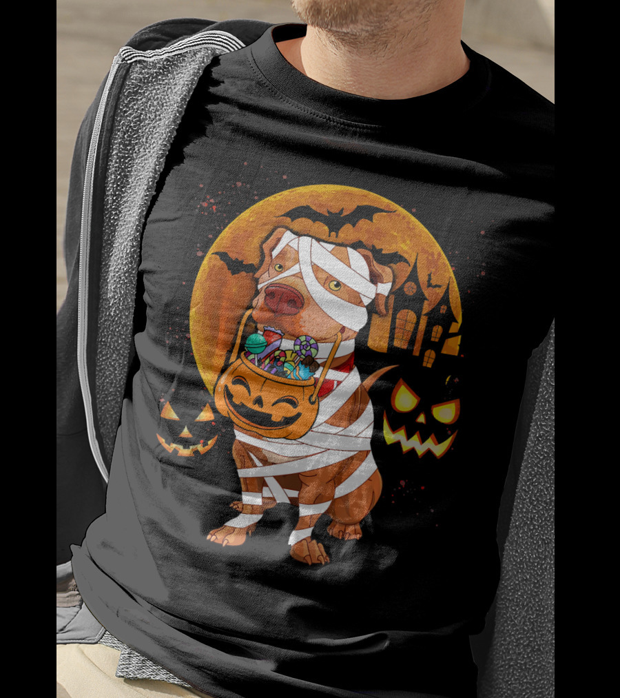 Funny Halloween Mummy Pitbull Boo Dog With Pumpkin Candy And Scary Moon T-Shirt