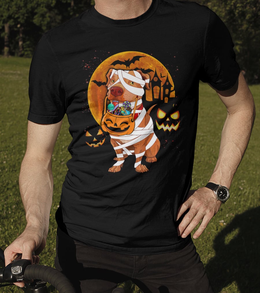 Funny Halloween Mummy Pitbull Boo Dog With Pumpkin Candy And Scary Moon T-Shirt