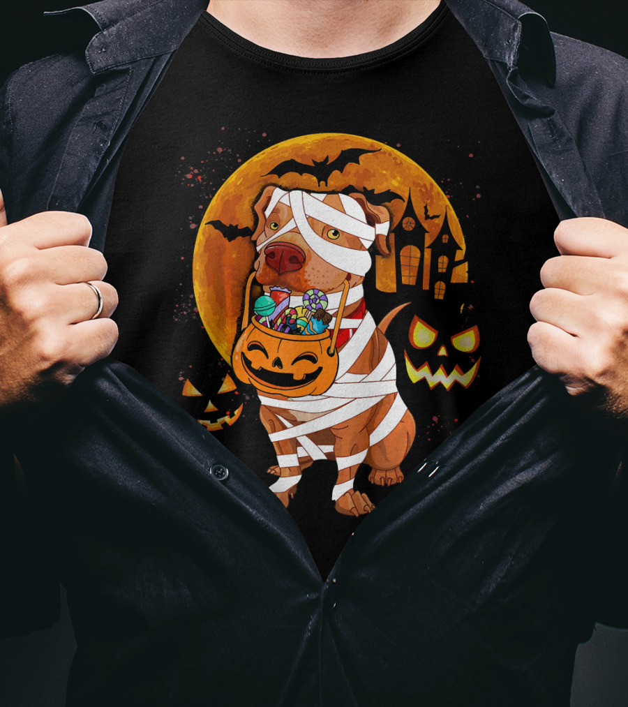 Funny Halloween Mummy Pitbull Boo Dog With Pumpkin Candy And Scary Moon T-Shirt