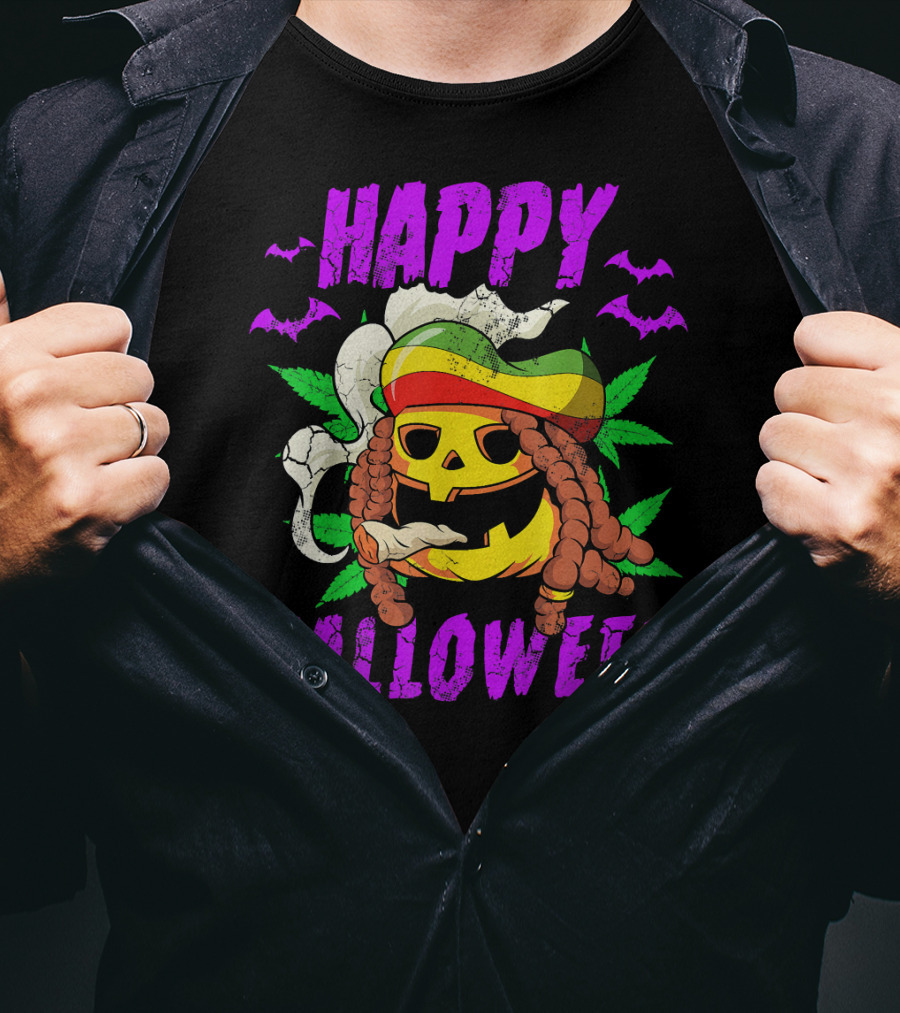 Happy Halloweed Rasta Pumpkin Smoking Weed With Bats And Jamaican Colors T-Shirt