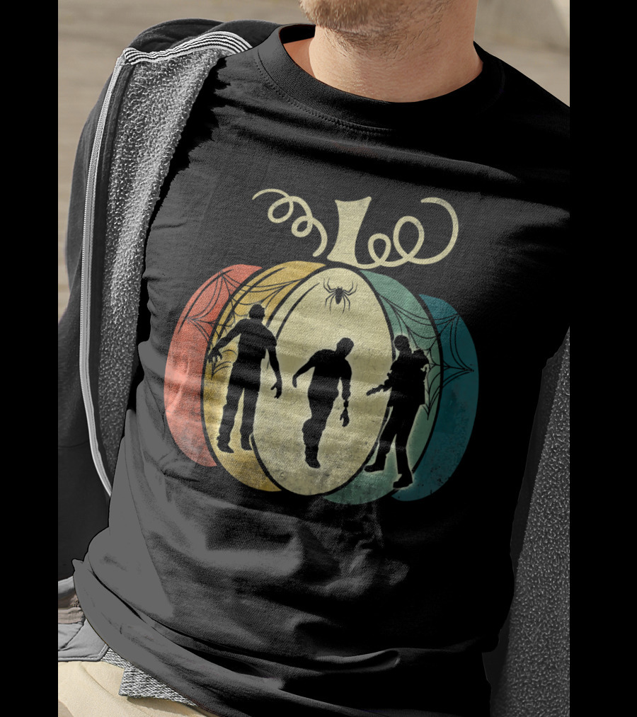 Pumpkin With Zombie Silhouettes And Spider Webs T-Shirt