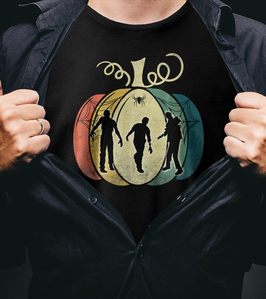 Pumpkin With Zombie Silhouettes And Spider Webs T-Shirt