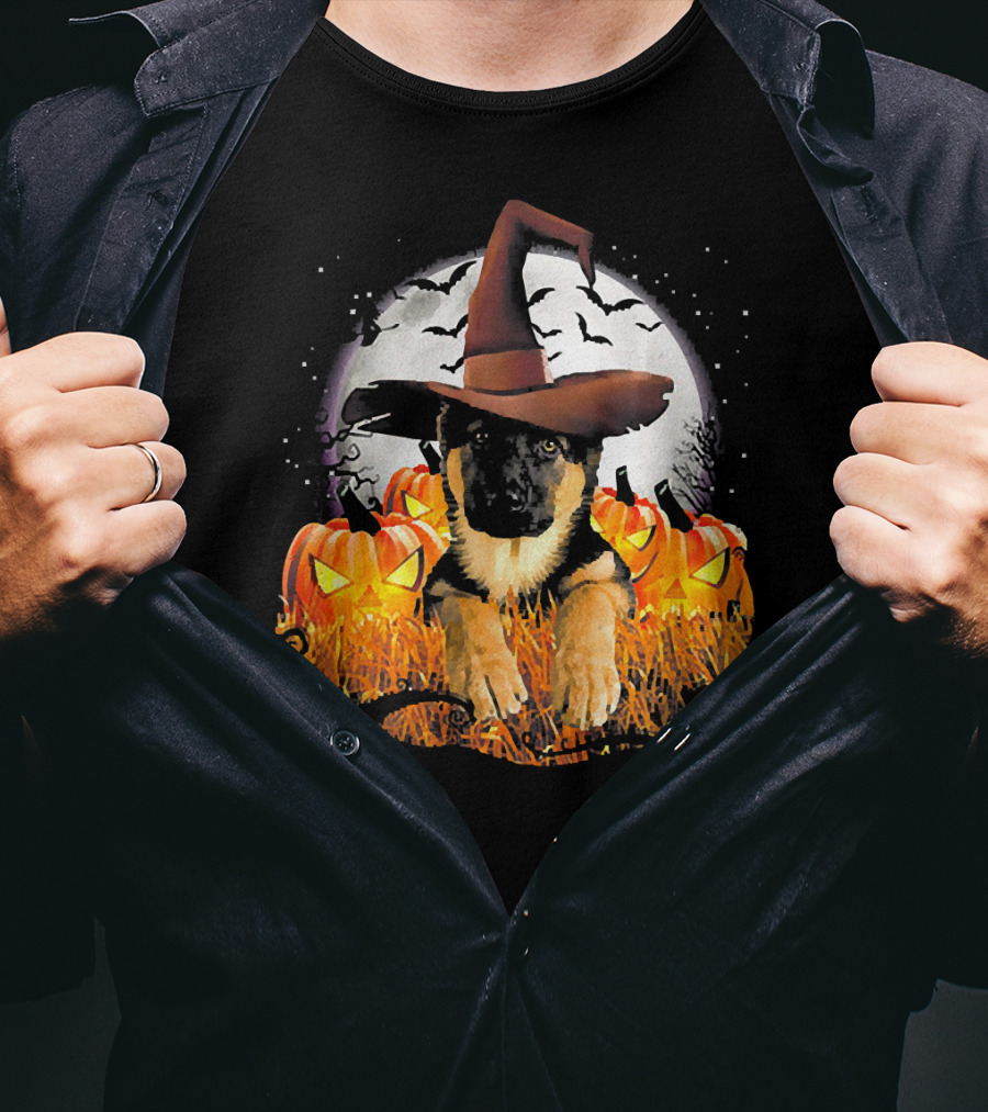 German Shepherd Witch Hat Pumpkins Halloween Moon Bats T-Shirt
