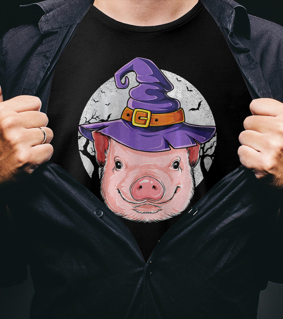 Pig Wearing Purple Witch Hat With Spooky Full Moon And Bats T-Shirt