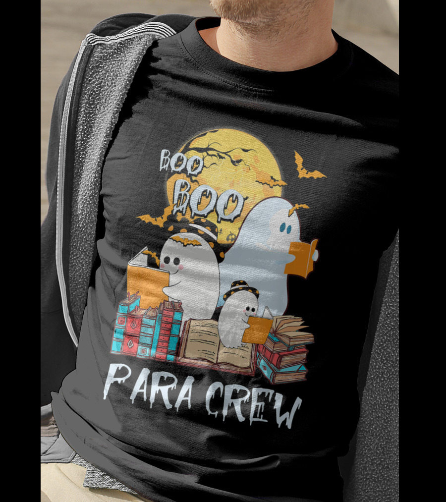 Boo Boo Para Crew Paraprofessional Ghost Reading By Moonlight With Books And Bats T-Shirt