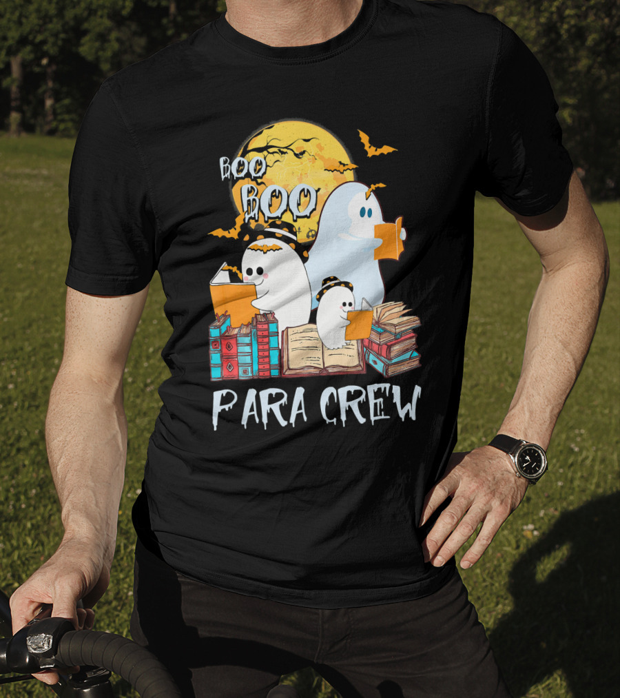 Boo Boo Para Crew Paraprofessional Ghost Reading By Moonlight With Books And Bats T-Shirt
