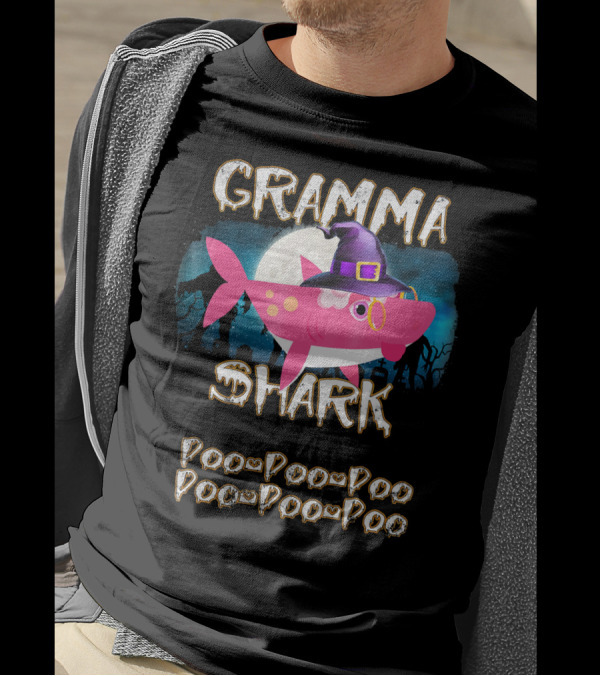 Gramma Shark Doo Doo Doo Halloween Witch Hat And Moon Background T-Shirt
