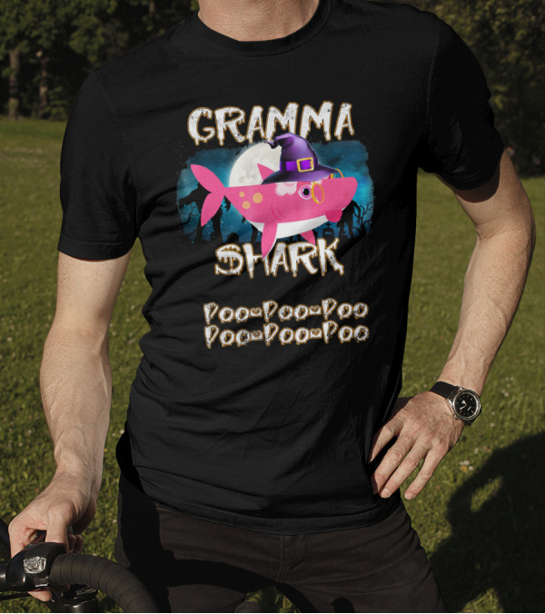 Gramma Shark Doo Doo Doo Halloween Witch Hat And Moon Background T-Shirt