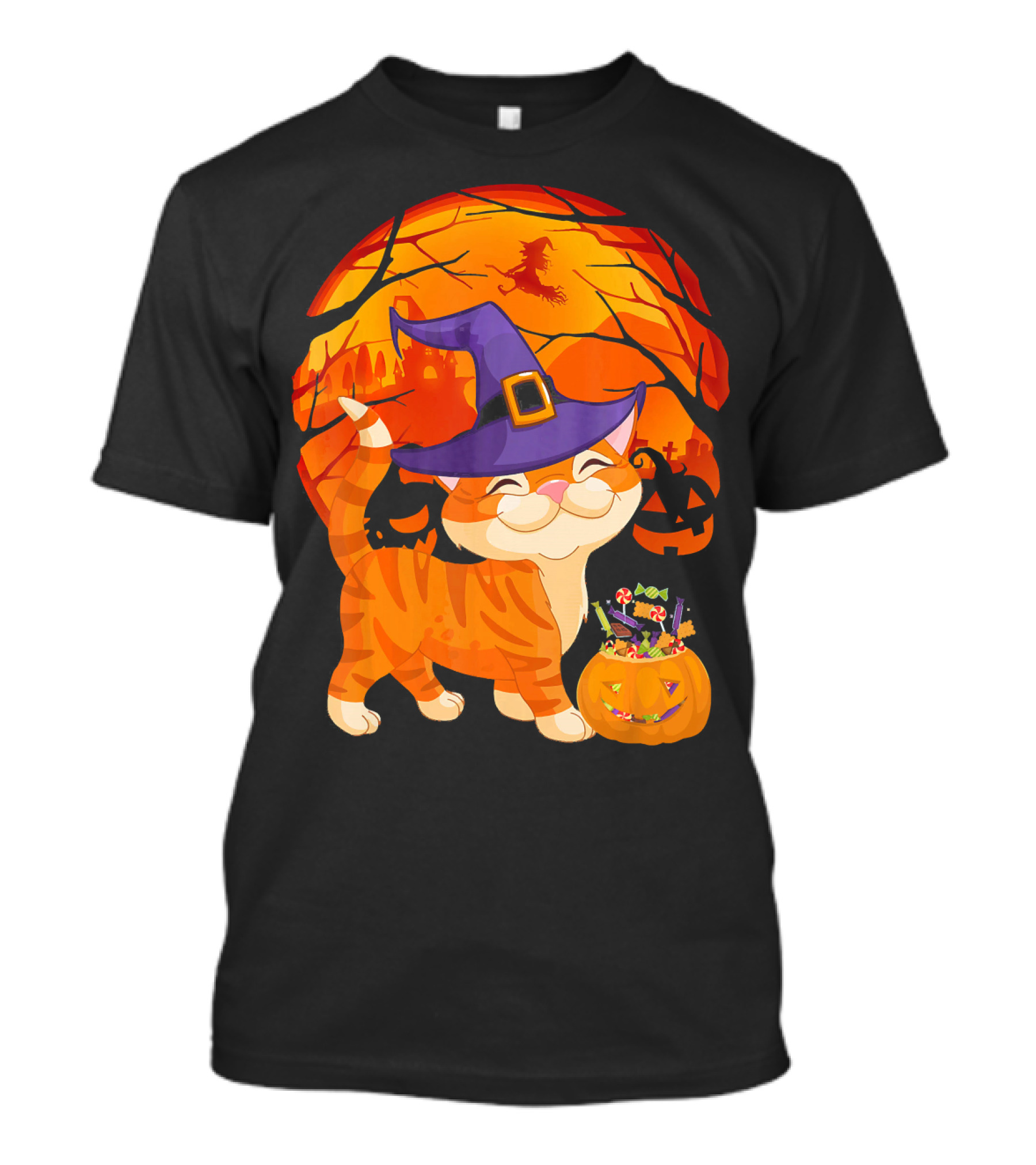 Halloween Costume Cat Witch Hat Happy Pumpkin Moon Scene T-Shirt