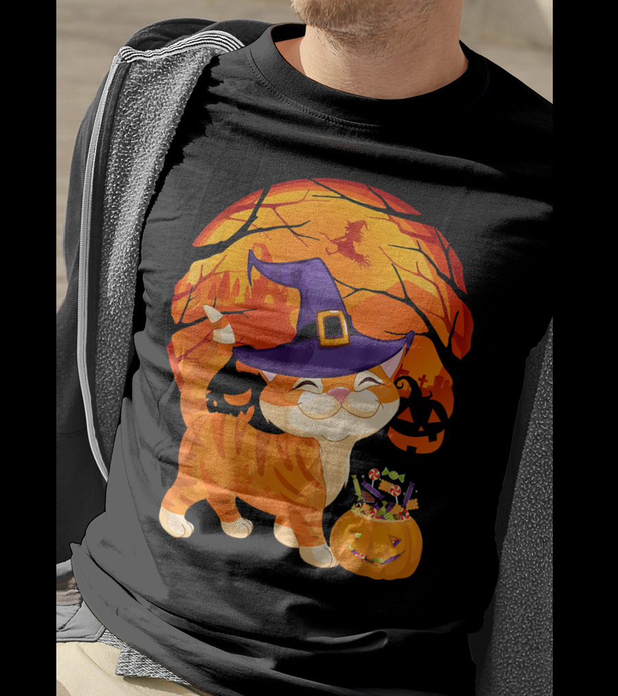 Halloween Costume Cat Witch Hat Happy Pumpkin Moon Scene T-Shirt