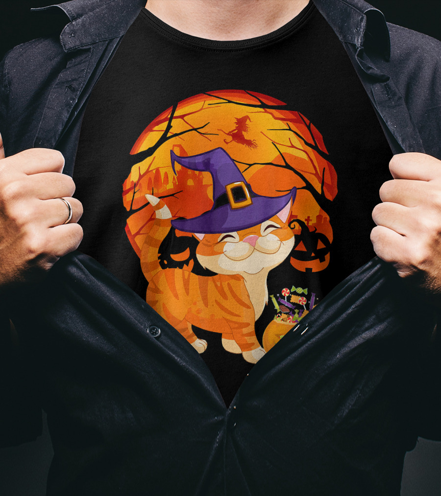 Halloween Costume Cat Witch Hat Happy Pumpkin Moon Scene T-Shirt