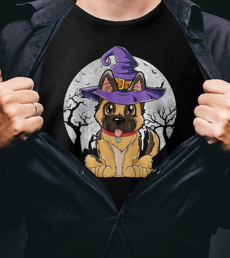 German Shepherd Witch Halloween Moon Background T-Shirt