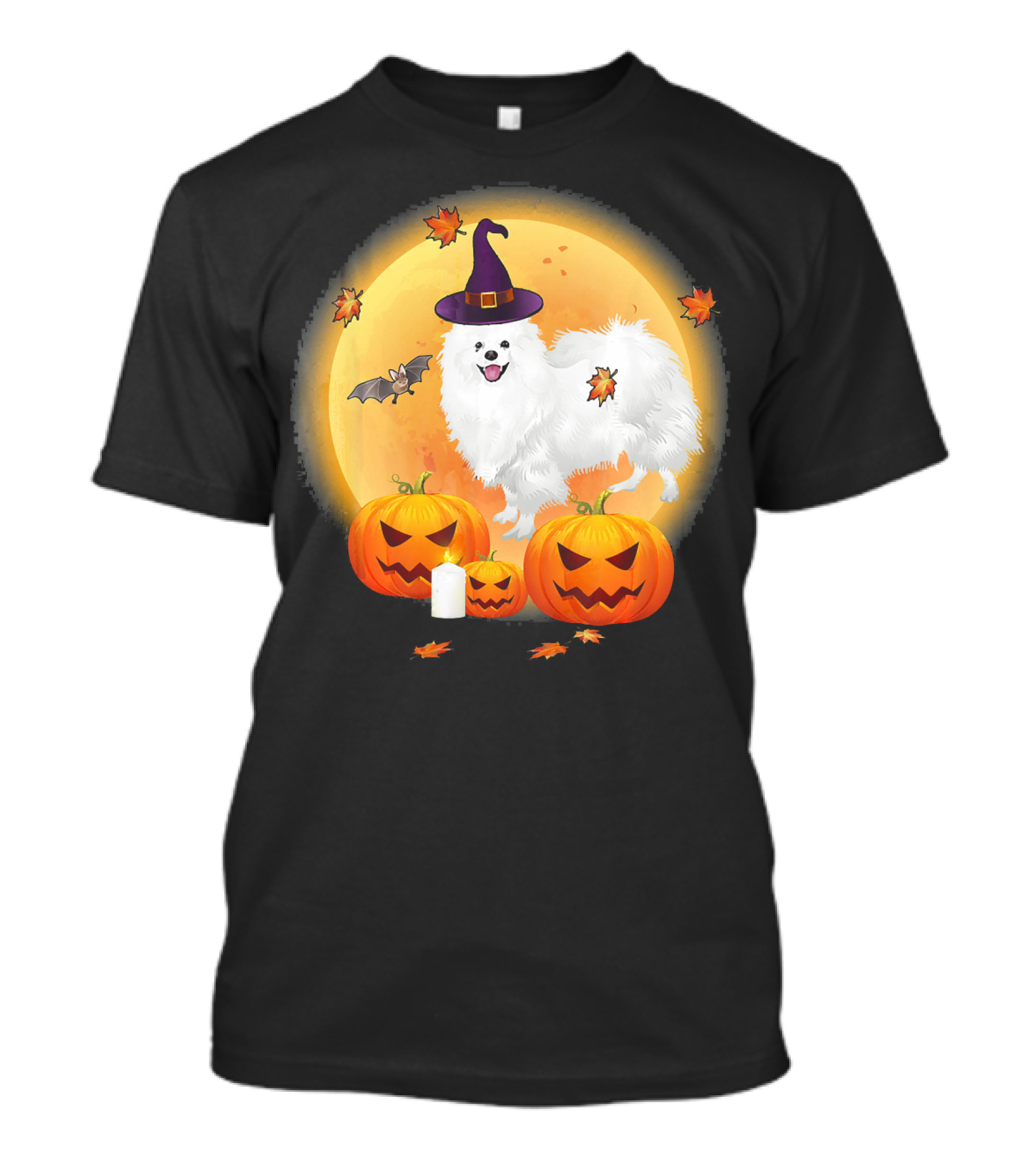 Halloween American Eskimo Dog With Pumpkins And Witch Hat T-Shirt