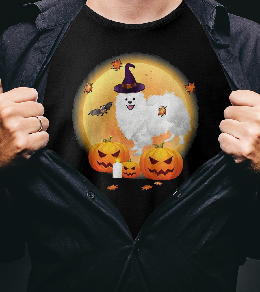 Halloween American Eskimo Dog With Pumpkins And Witch Hat T-Shirt