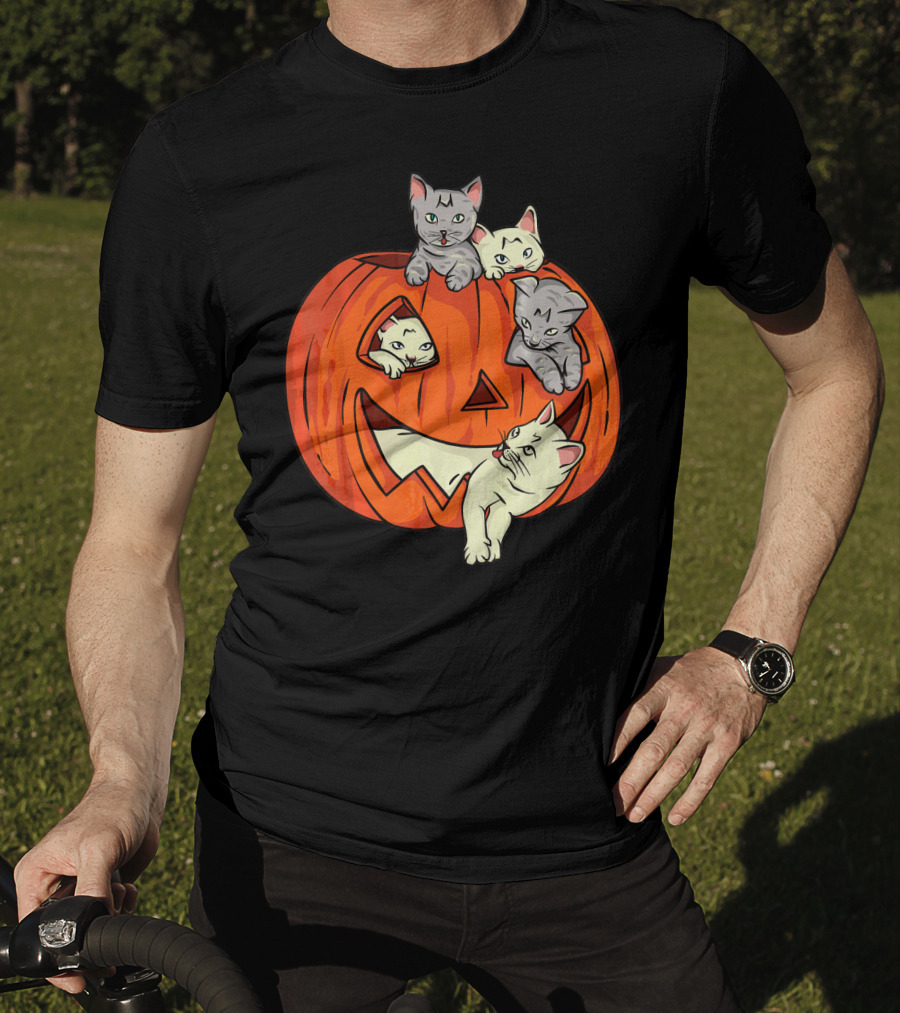 Cats In Jack O Lantern Pumpkin Halloween Scene T-Shirt