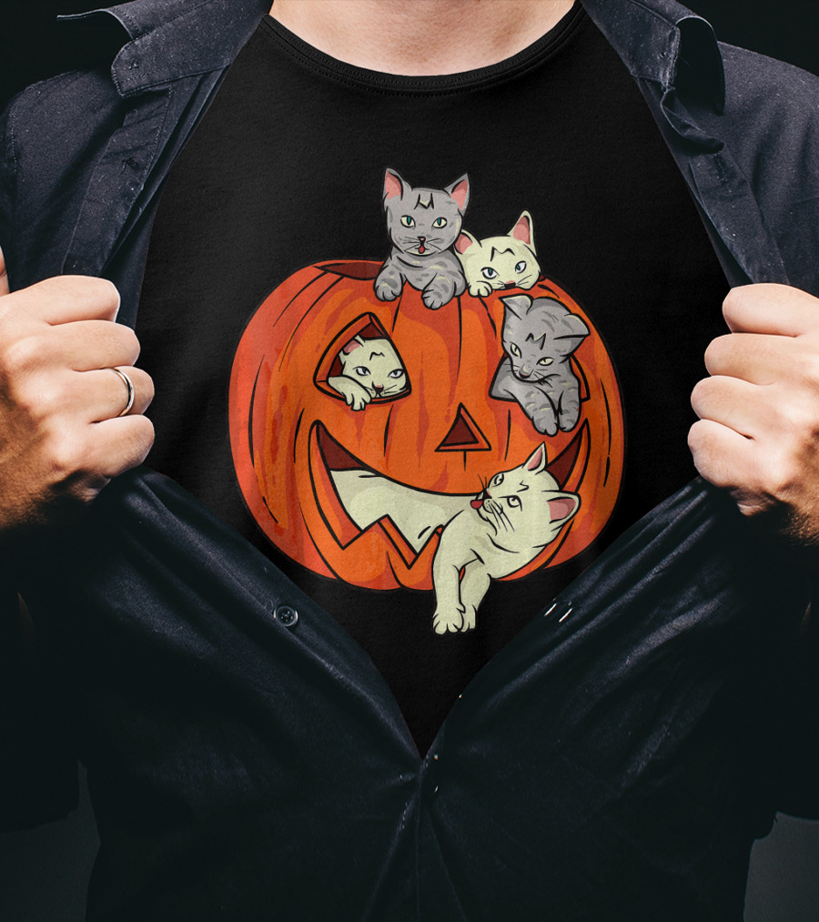 Cats In Jack O Lantern Pumpkin Halloween Scene T-Shirt