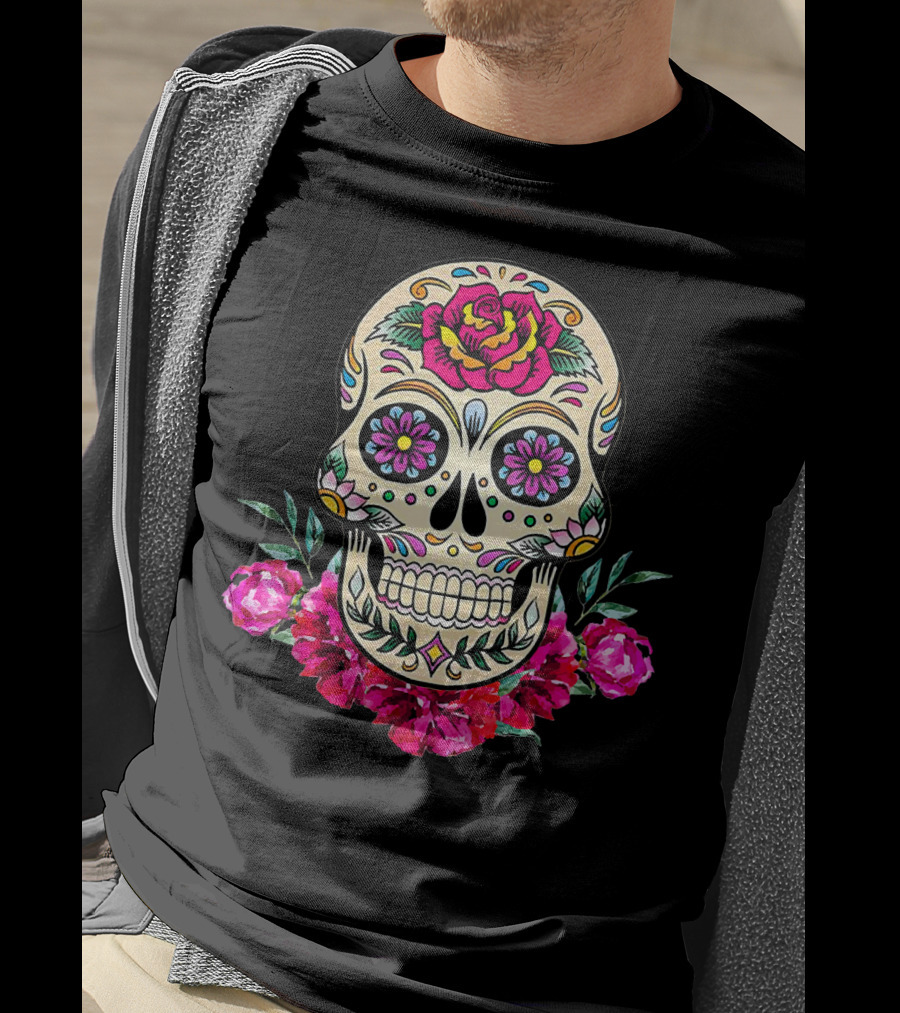 Day Of The Dead Sugar Skull With Vibrant Floral Accents T-Shirt