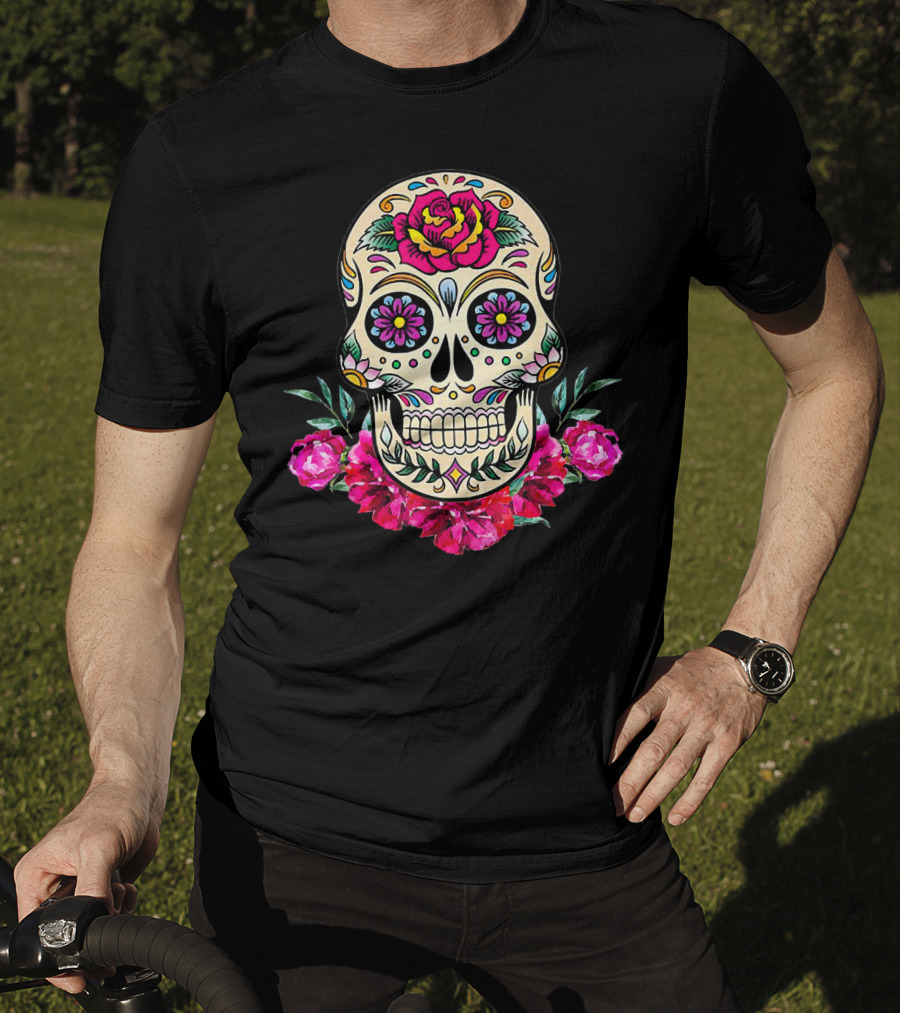 Day Of The Dead Sugar Skull With Vibrant Floral Accents T-Shirt