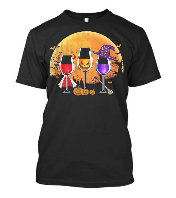 Three Wine Glasses Halloween Pumpkin Witch Hat Bats Moon And Jack-O'-Lanterns T-Shirt
