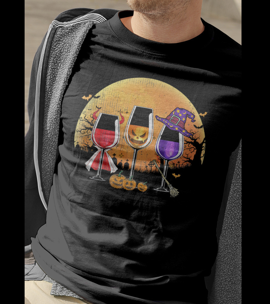 Three Wine Glasses Halloween Pumpkin Witch Hat Bats Moon And Jack-O'-Lanterns T-Shirt