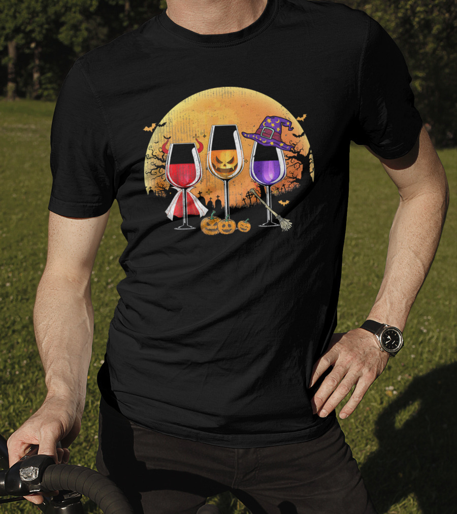 Three Wine Glasses Halloween Pumpkin Witch Hat Bats Moon And Jack-O'-Lanterns T-Shirt