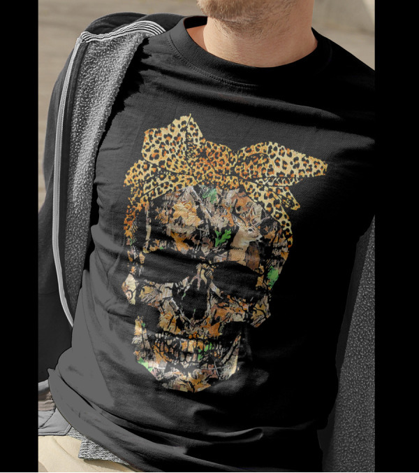 Camouflage Skull With Leopard Print Bow And Hunting Elements T-Shirt