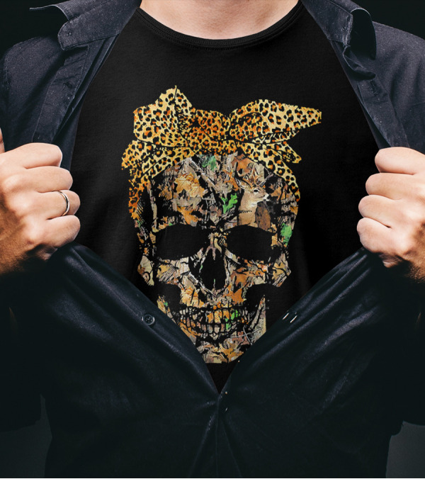 Camouflage Skull With Leopard Print Bow And Hunting Elements T-Shirt