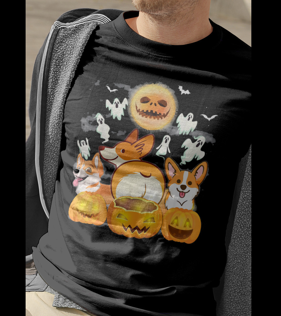 Welsh Corgi Cardigans Pumpkin Ghosts Halloween Team With Spooky Bats T-Shirt