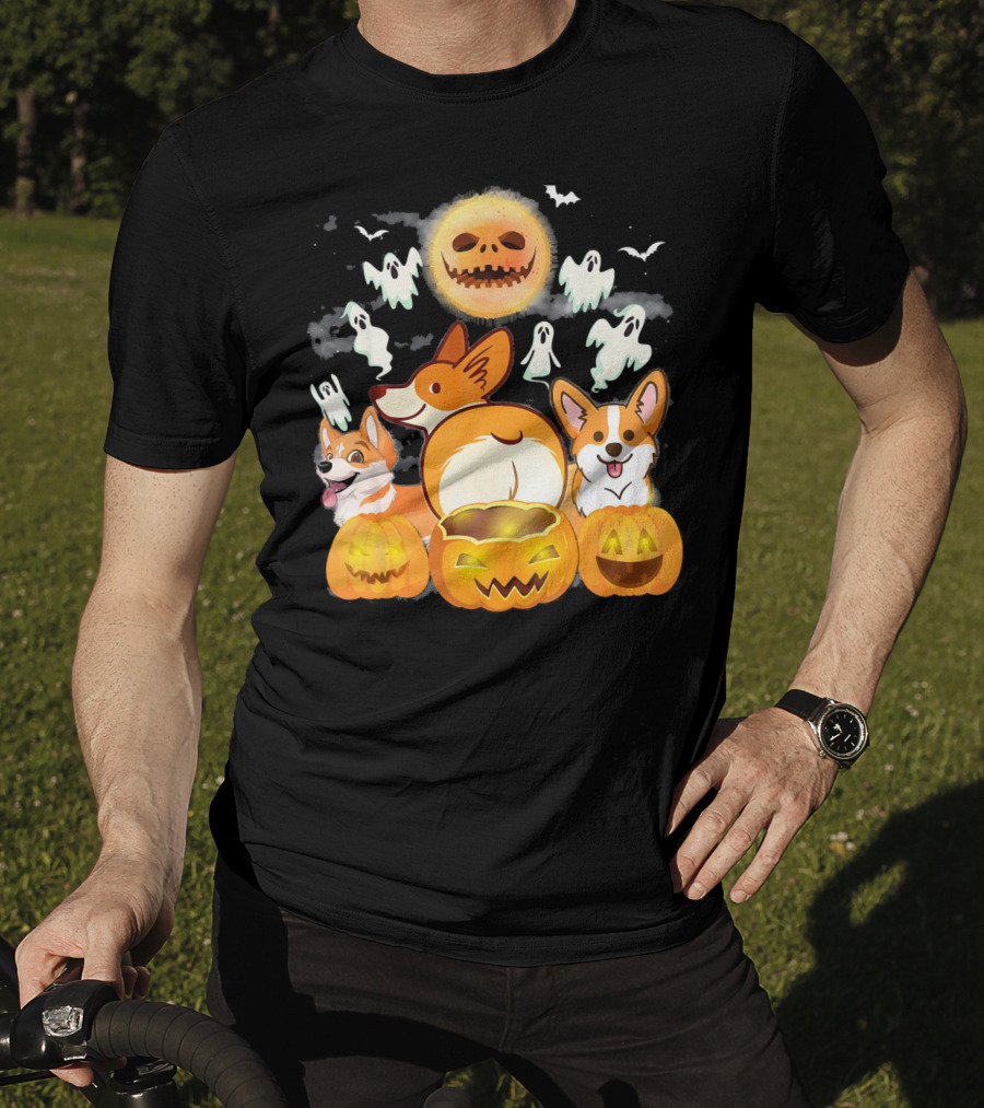 Welsh Corgi Cardigans Pumpkin Ghosts Halloween Team With Spooky Bats T-Shirt