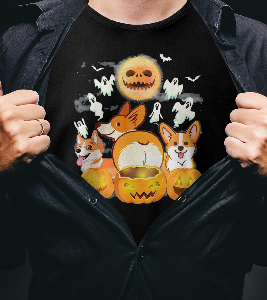 Welsh Corgi Cardigans Pumpkin Ghosts Halloween Team With Spooky Bats T-Shirt