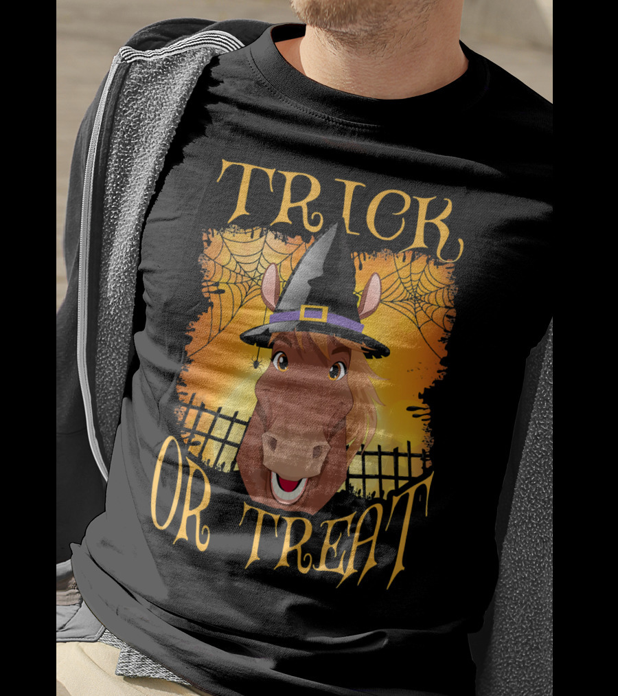 Trick Or Treat Horse With Witch Hat And Spider Web T-Shirt