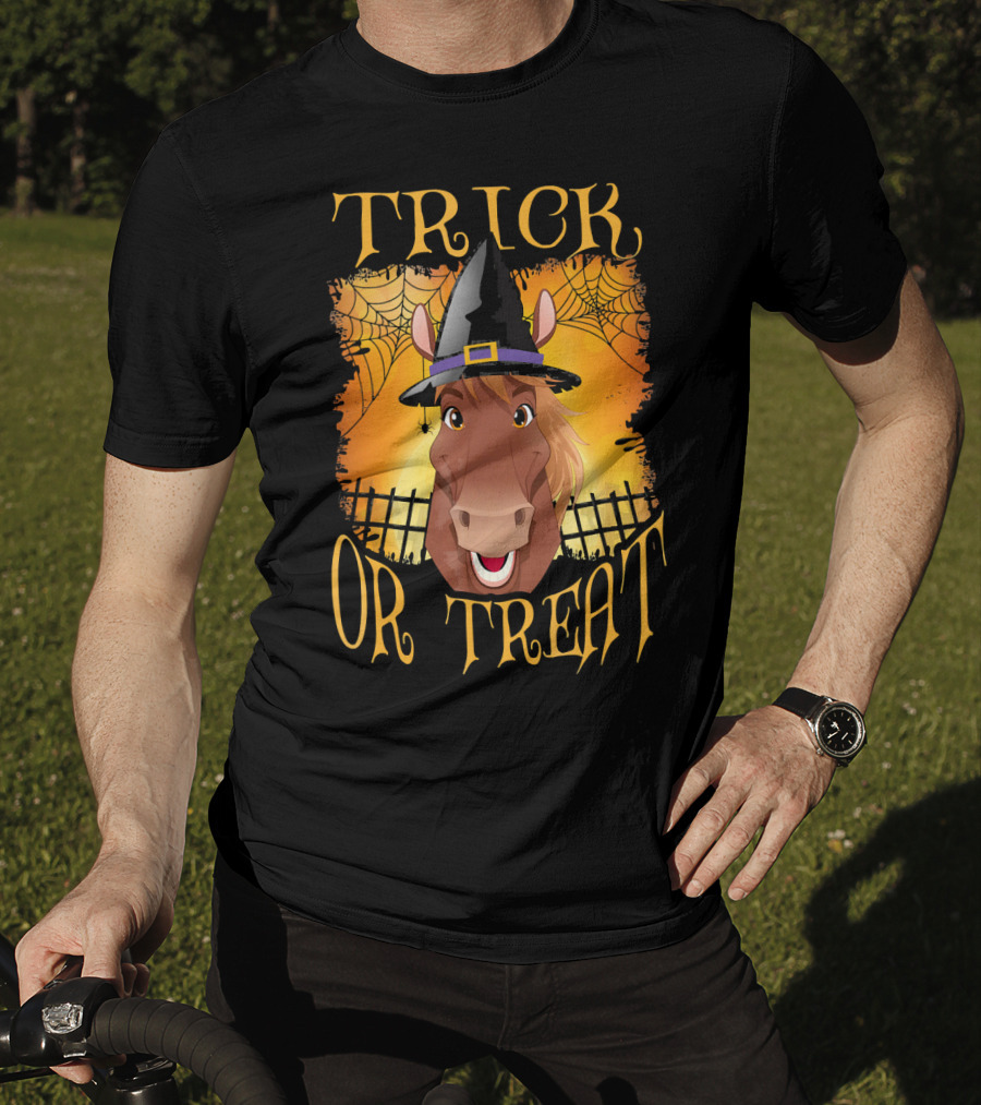 Trick Or Treat Horse With Witch Hat And Spider Web T-Shirt