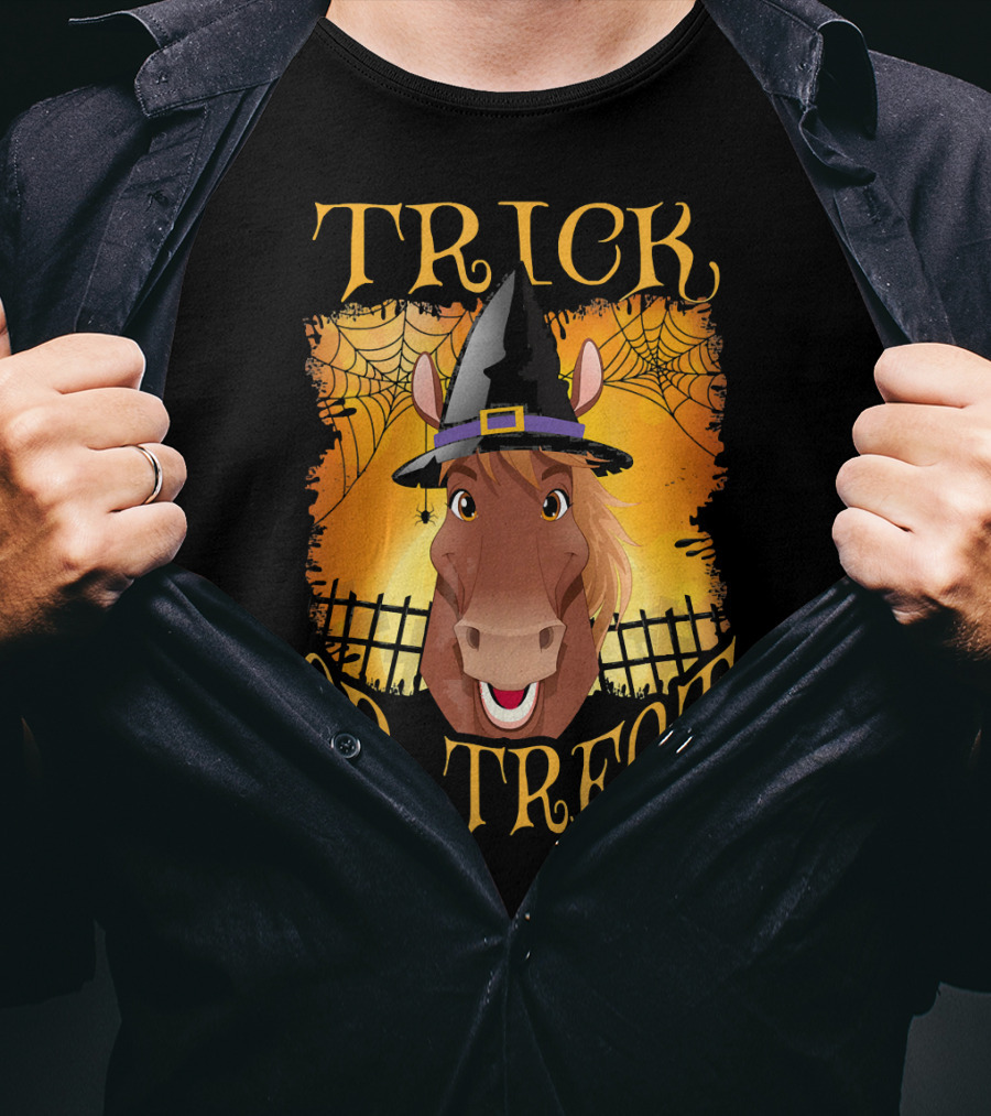 Trick Or Treat Horse With Witch Hat And Spider Web T-Shirt