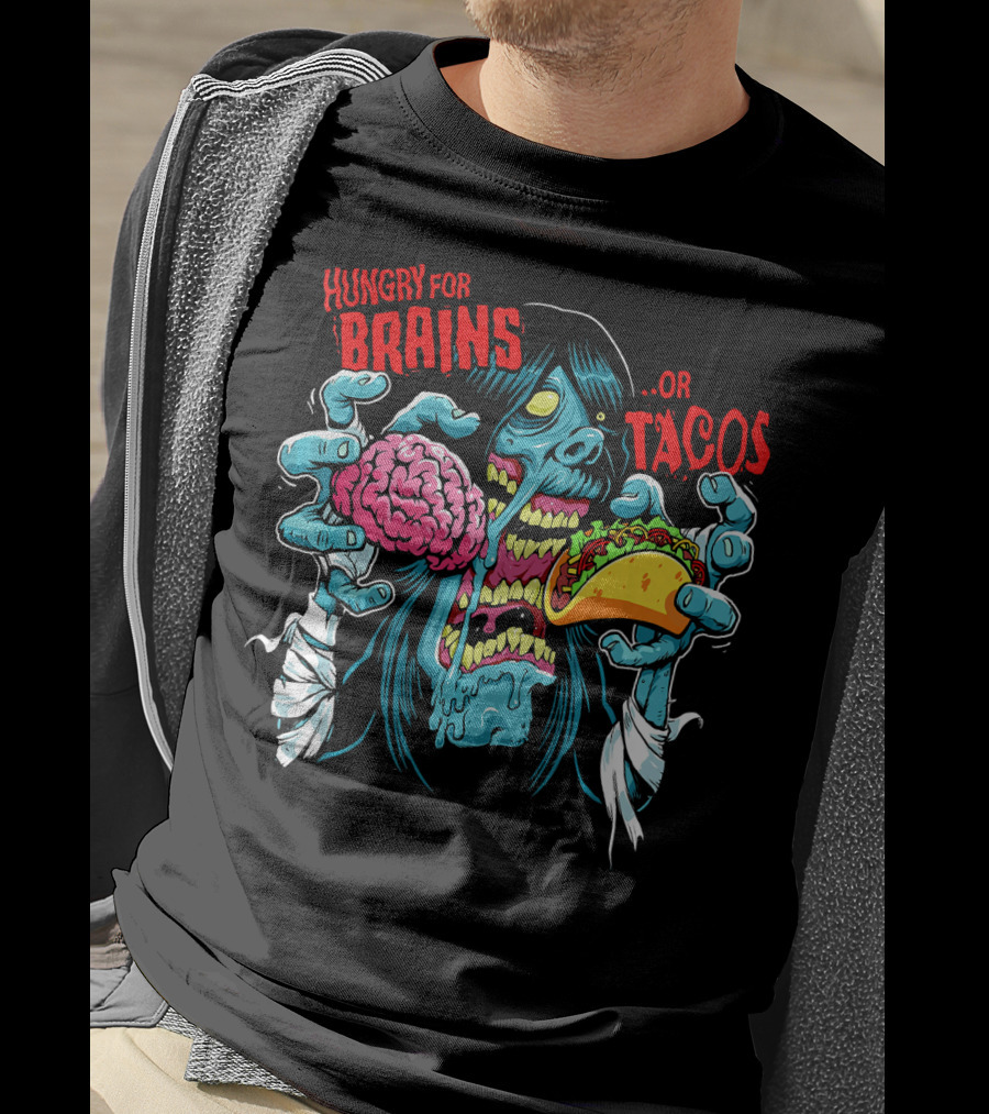 Hungry For Brains Or Tacos Zombie Halloween Costume T-Shirt