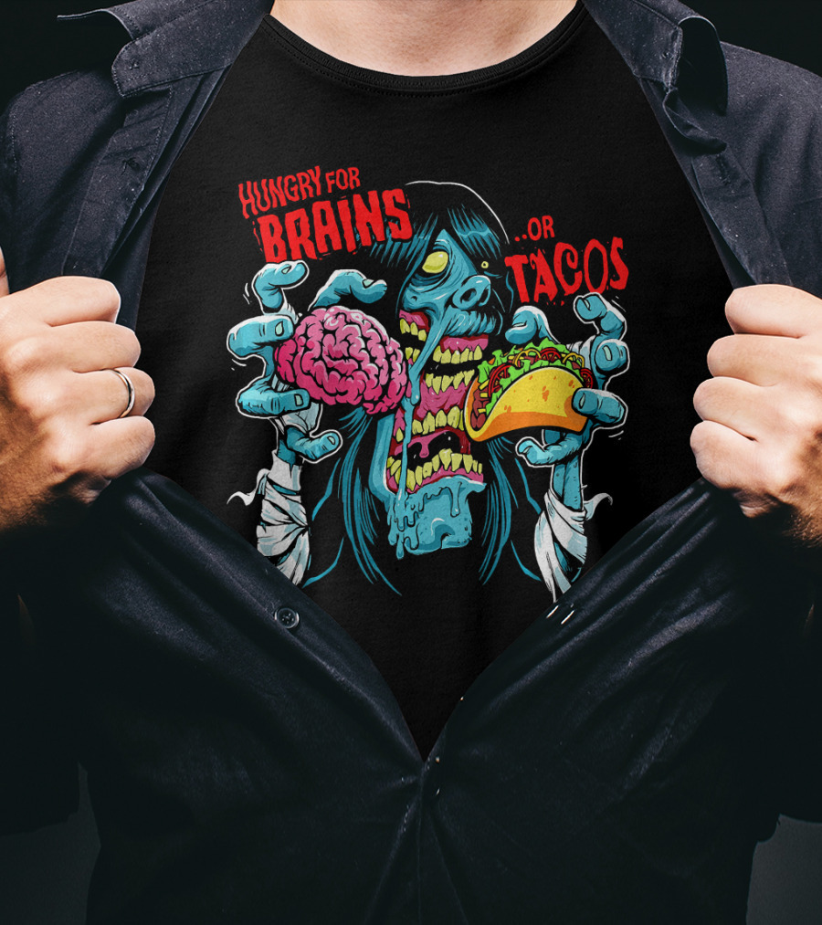 Hungry For Brains Or Tacos Zombie Halloween Costume T-Shirt