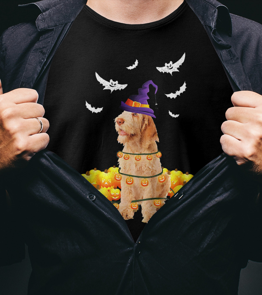 Spinone Italiano Dog Halloween Pumpkin Lights And Bats T-Shirt