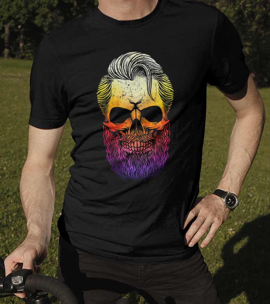 Creepy Bearded Skull With Colorful Gradient For Halloween And Ske T-Shirt
