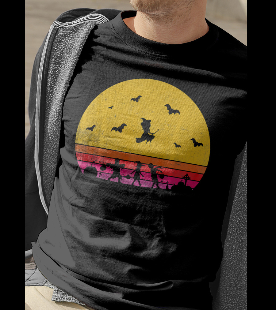 Horror Halloween Sunset Witch Bats Vintage T-Shirt