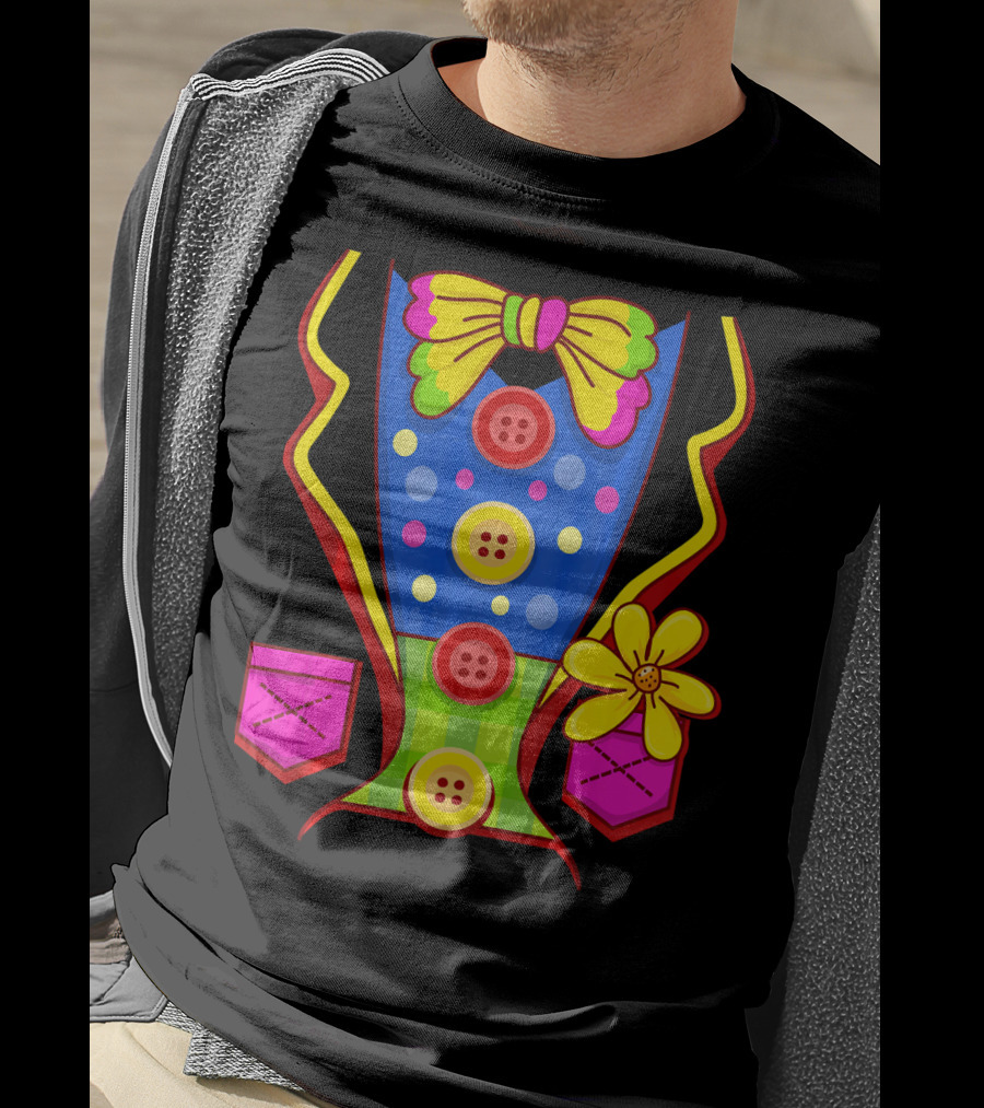 Clown Colorful Bow Tie And Buttons Outfit With Flower Pockets T-Shirt