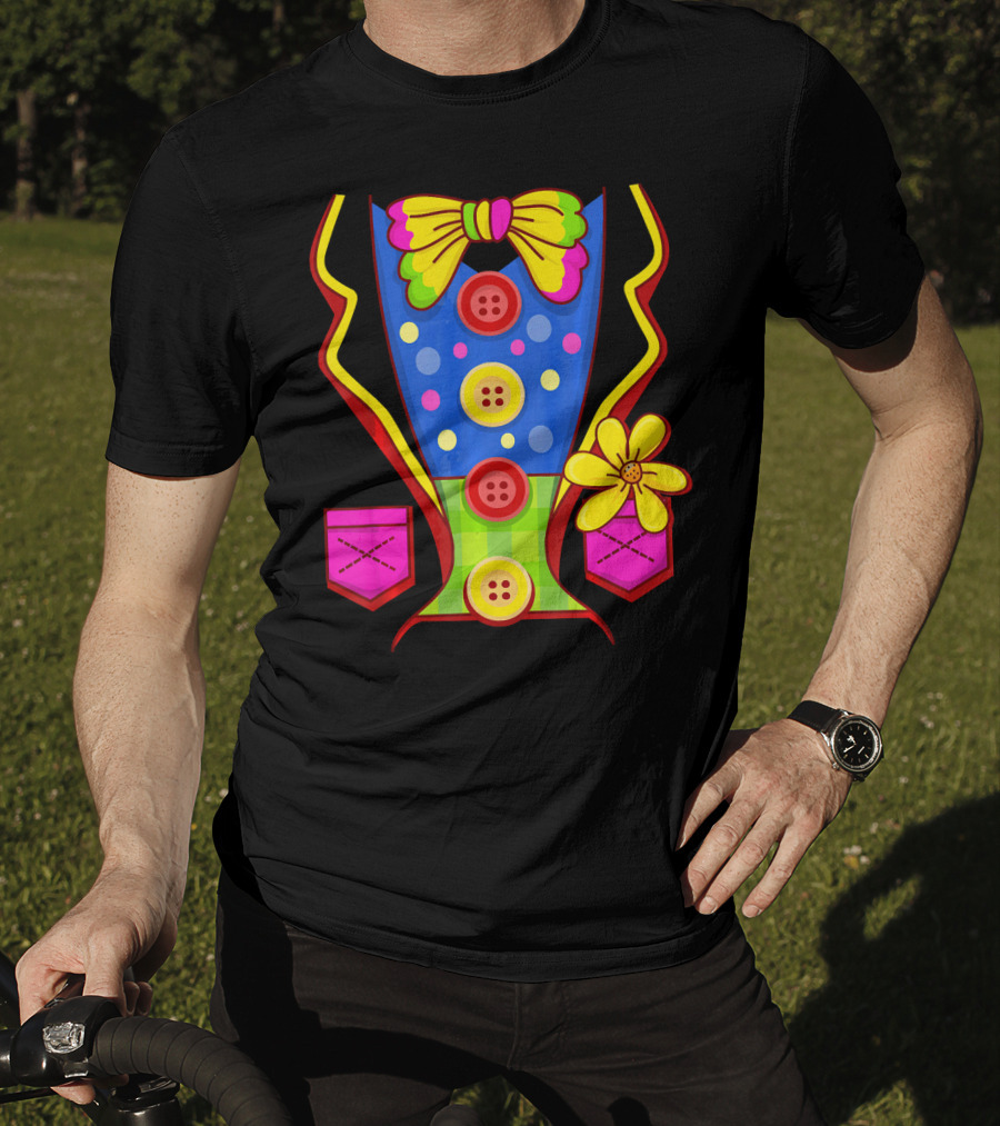 Clown Colorful Bow Tie And Buttons Outfit With Flower Pockets T-Shirt