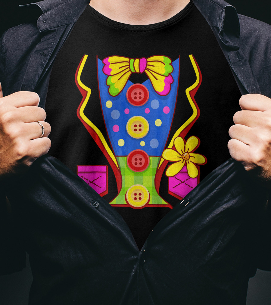Clown Colorful Bow Tie And Buttons Outfit With Flower Pockets T-Shirt