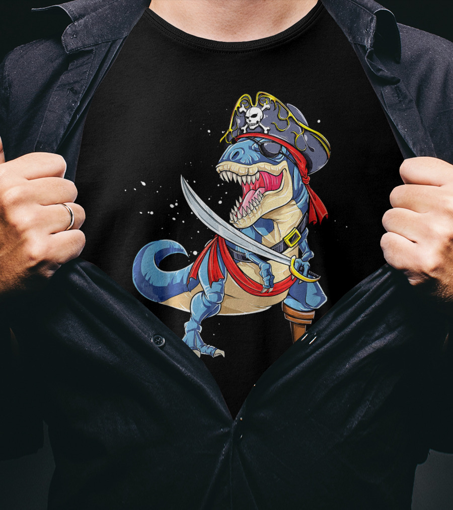 T-Rex Pirate Jolly Roger Dinosaur With Peg Leg And Sword T-Shirt