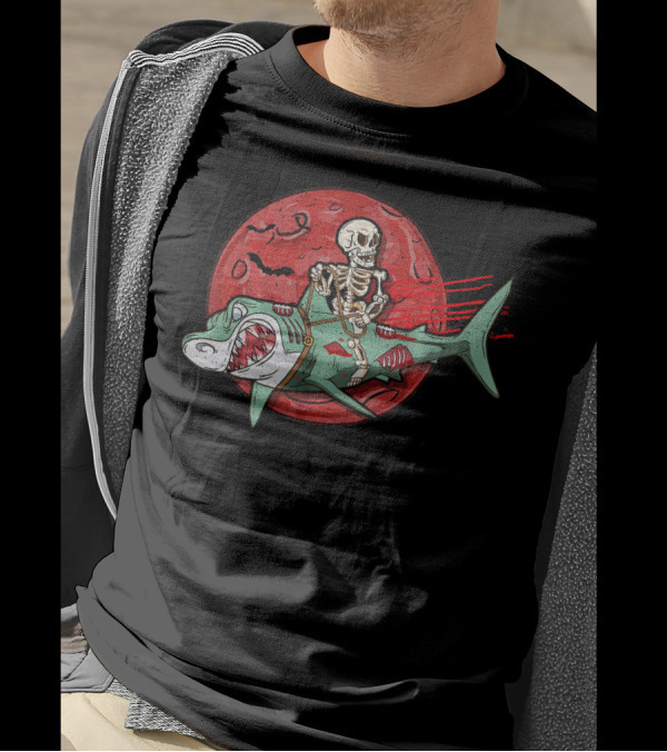 Skeleton Riding Shark Zombie With Red Moon And Bats T-Shirt