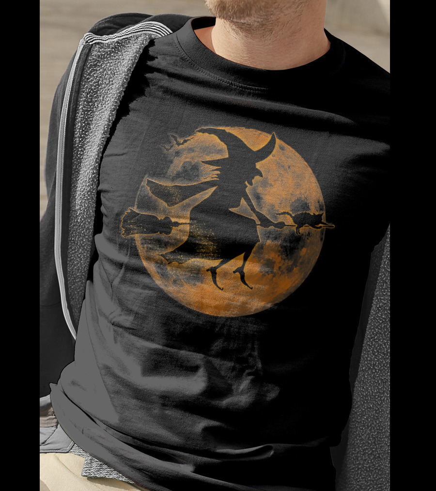 Halloween Spooky Witch And Cat On Broomstick Full Moon Scene T-Shirt