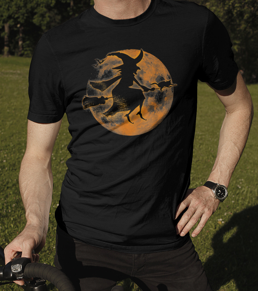 Halloween Spooky Witch And Cat On Broomstick Full Moon Scene T-Shirt